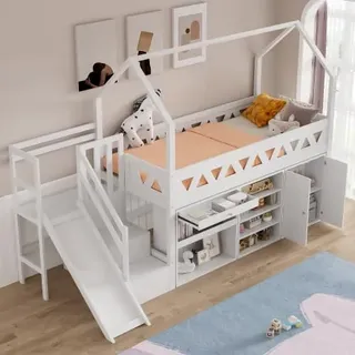 KUAKE Kinderbett 90x200 Einzelbett, Hochbett Hausbett mit Rutsche und Treppe, Regal & Schubladen & Schließfach, Holzbett mit Stauraum, Bettgestell mit Lattenrost, Stauraumbett, Ohne Matratze, Weiß