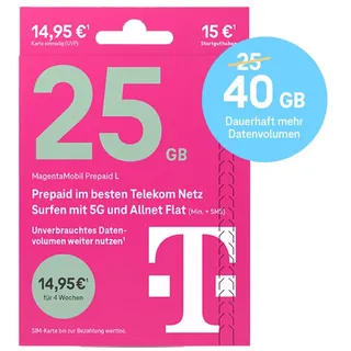 Telekom MagentaMobil Prepaid L Simkarte mit 15 € Startguthaben Prepaidkarte, (EU-Roaming inkl. CH, 15 € Startguthaben)