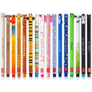 LEGAMI - Set of 16 Erasable Gel Pens with Thermosensitive Erase Ink, 0.7mm Tip, Animal Designs'
