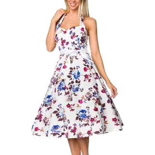 Atixo Minikleid Weiß geblümtes Rockabilly retro Kleid mit Gürtel Damen vintage neckhol S