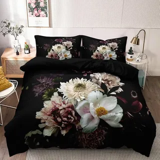Bettwäsche 155x220 Blumen Schwarz 3D Pflanzen Vintage Blüten Bettwäsche Set Muster Sommer Geblümt Floral Blumenmuster Microfaser Bettbezug Einzelbett Set Bettdecke 155 220 und 2 Kissenbezüge 80x80cm