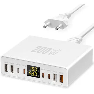 USB C Ladegerät Mehrfach 8-Port mit LED Anzeige, YSYFAD 200W GAN USB Ladestation PPS PD Type C Netzteil QC3.0 Schnellladeleistung Ladegerät USBC 45W Charger für iPhone iPad MacBook Laptops, Weiß