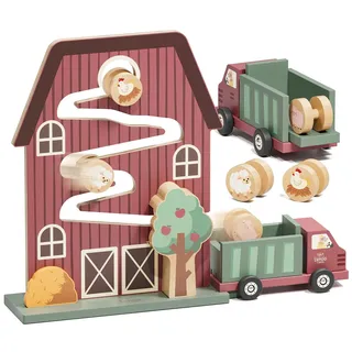 Lehoo Castle Motorikspielzeug ab 1 Jahr, Montessori Kugelbahn Holz | Holzspielzeug Baby, 3,3 cm Tierrollen, Bauernhof-Spielzeug, FSC-Holz, Geschenk zum 1. Geburtstag für Jungen und Mädchen