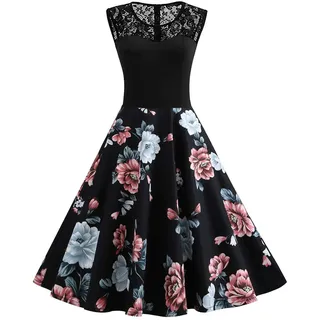 Axoe Damen 50er Jahre Rockabilly Kleid mit Blumenmuster Ärmellos, Farbe06, L (42 EU) - L