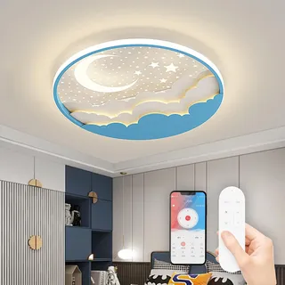 LED Kinder Deckenlampe Stern Mond Deckenlampe, Dimmbar Acryl Deckenleuchte Für Kinder Mit Fernbedienung, Modern Kinderzimmer Deckenbeleuchtung Junge Mädchen Schlafzimmer Deckenleuchte, Blau, 40cm