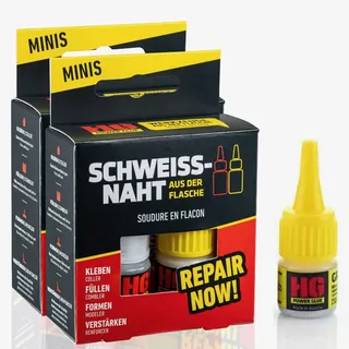 HG POWER GLUE MINIs 2+1* Die Schweißnaht aus der Flasche - Profi-Reparatur-Kleber-Set für Kunststoff Plastik Keramik Porzellan Stein Gummi - kleben mit Industrieklebstoff und Granulat (2x5g+3x10g)