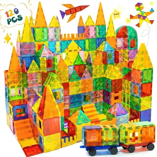 Olvy Magnetische Bausteine STEM Lernspielzeug | Bausteine 120 Teile | 3D Räumliches Bauen | Geometrische Formen & Radbasis | montessori magnetspielzeug für kinder