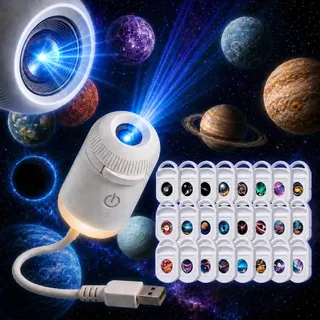 24 in 1 USB Sternenhimmel Projektor Lampe, 360° HD Smart Dynamic 5d Holographic Night Light Projector, Für Eine Traumhafte Atmosphäre in Schlafzimmer, Wohnzimmer Und Auto, Mit 24 Folien