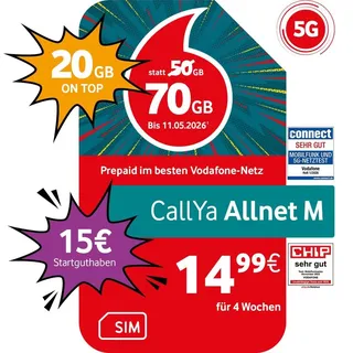 Vodafone Prepaid CallYa M | 15 EUR Startguthaben | ohne Vertrag | 5G-Netz | Telefon- SMS-Flat | EU-Roaming