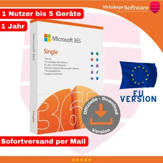 Microsoft 365 Single • 1 Nutzer • 5 Geräte • 1 Jahr • (Office 365) ESD Key