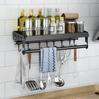Fitags - Gewürzregal mit Küchenrollenhalter, Küchenregal, Edelstahlregal, Kühlschrankregal, Lagerregal mit 8 Haken und ohne Bohren, Wandregal für die