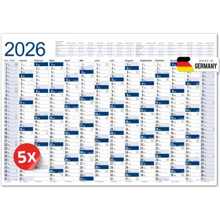 PRIMUS PRINT XXL Kalender 2026 – Plakatkalender 2026 – Wandkalender in Postergröße A1 (594x841 mm), Jahresplaner für 2026, Wandplaner in Blau oder Grün – Gerollt [ 5er Set-Blau ]