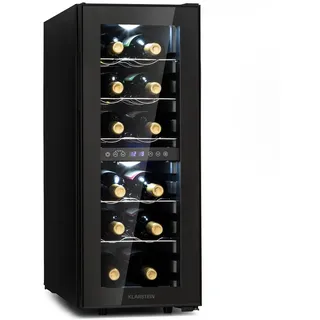 Klarstein Shiraz 12 Duo Weinkühlschrank Freistehend, Kleiner Getränkekühlschrank Schmal, 2 Zonen Weinkühlschrank mit Glastür, Indoor/Outdoor Beersafe, Kühlschrank Klein mit UV-Schutz, 5-18°C, Flaschen 5-12 / 12-18 °C Touch 12 Flaschen