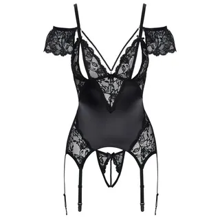 Cottelli LINGERIE Set: Corsage Straps-Corsage und String edler Satinglanz & Spitze - schwarz (1-tlg) Üppiger Kettenbesatz über Brüsten & Hüften schwarz XL