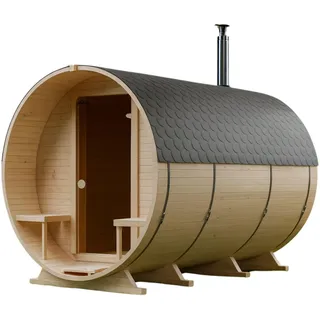 Gardj Fasssauna Garten Outdoor Sauna aus nordischer Fichte – Verschiedene Größen (2–6 Personen) – Wahlweise mit Holz- oder Elektroofen – Inkl. Zubehörset (340 cm, Runde, Holzofen)