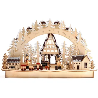 Brubaker 3D LED Lichterbogen Schwibbogen - Winterlandschaft mit Holzarbeitern - LED Beleuchtung - Holz natur - 43,5 x 26,8 x 10,1 cm - Handbemalt