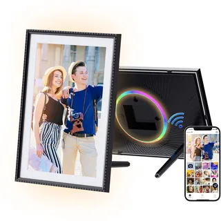 HDeye Digitaler Fotorahmen 10.1 Zoll WiFi, HD 1280x800 IPS Touchscreen Elektronischer FotoRahmen mit 32GB Speicher, Auto Drehung, Einfache Übertragung von Fotos Videos über Aimor App, RGB-Lichtmodus
