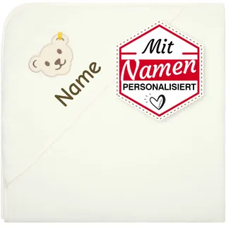 LALALO Steiff Badetuch mit Kapuze, Kapuzenhandtuch Bestickt mit Name für Baby & Kinder, Frottee Badehandtuch/Babybadetuch 100x100 cm (Weiß/Beige)