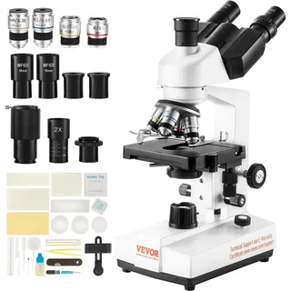 Vevor Trinokulares Mikroskop 10X, 25X, 2X Hilfslinse Compound Mikroskop, Objektive 4X, 10X, 40X, 100X, Labor Auflicht Mikroskop Vergrößerung 40-5000, 100–240 V
