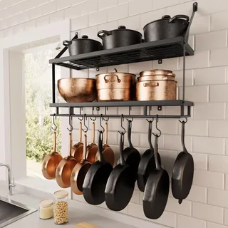 KES Doppel Küchenregal Pfannenhalter Küchenutensilienhalter Küche Pfannenhalter mit 12 Haken Hängeregal Pfanne Topf Wandregal 75CM Wandmontage Matt Schwarz, KUR215S75B-BK