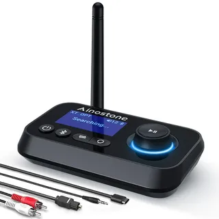 Ainostone 3-in-1 Bluetooth 5.3 Sender Empfänger für 2 Kopfhörer Bluetooth Audio Adapter Low Latency Transmitter mit Bypass Schalter Lautstärkeregelung AUX Optisch RCA für TV Stereoanlage PC