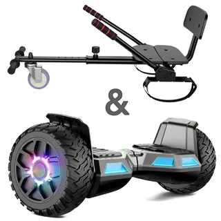Hoverboard mit Sitzbefestigung, 8.5Zoll Self Balancing Scooters Go Kart mit Bluetooth und LED Lichtern, Gun+Black