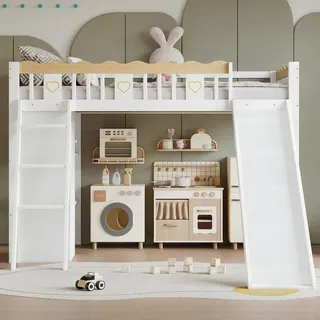 Merax Etagenbett Hochbett 90x200cm mit Rutsche, Kleiderschrank & Ablageschrank, Kinderbett mit Vierseitiger Zaun mit Exquisiten Mustern, Weiß+Natur - Weiß
