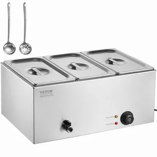 Vevor kommerzieller Speisenwärmer Speisebehälter 3 x 1/3 Größe, elektrische Warmhalteplatte, 1200 W professionelles Buffet-Wasserbad aus Edelstahl Buffetwärmer,