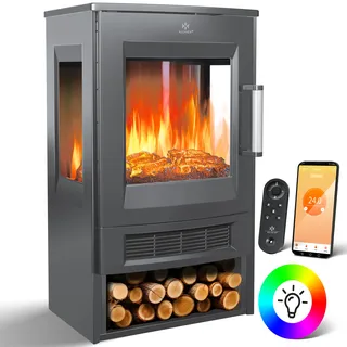 Kesser KESSER® Elektrokamin mit Heizung Panorama-Sichtfenster Heizlüfter 9 LED-Flammeneffekt Farbmodi Fernbedienung WiFi App 900/1800W Kaminfeuer elektrisch Elektro Kamin mit Thermostat Heizfunktion Timer
