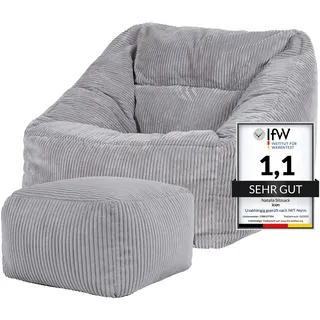 I.C.O.N. Icon Sitzsack Sessel mit Hocker für Erwachsene, Grau, Flauschiger Cord Stoff, Riesen Sitzsack Cord mit Füllung, Bean Bag Chair, Bequemer Sessel Wohnzimmer, Lounge, Schlafzimmer, Büro