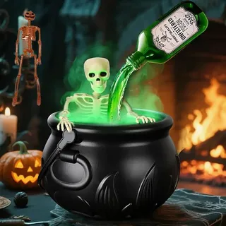 USMEI Hexenkessel Groß Halloween Hexenkessel Mit Nebel DuftzerstäUber Mit Schwebenden ZauberträNke Flaschen Deko FüR Gruselhaus Innenbereich AußEnbereich Haus Garten (25cm, Mit Totenkopf)
