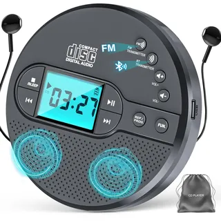 Discman-CD-Player mit Bluetooth-FM-Transmitter, Kopfhörern, LCD-Bildschirm, AUX, integriertem Lautsprecher, USB-Anschluss, 2000mAh wiederaufladbarer CD-Player tragbarer mit Anti-Skip-Schutz