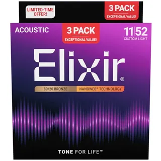 Elixir Strings Elixir Saiten, 16564 Nanoweb Acoustic Bronze 11-52 - 3 Pack - Westerngitarrensaiten