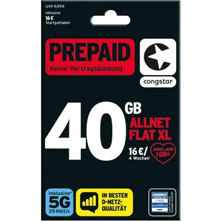 congstar Prepaid ALLNET XL – 40 GB im D-Netz mit 5G (25 Mbit/s), 16 € Startguthaben, Telefon & SMS Flat in alle dt. Netze, EU-Roaming inkl., jedes Jahr 1 GB mtl. mehr, ohne Vertrag.