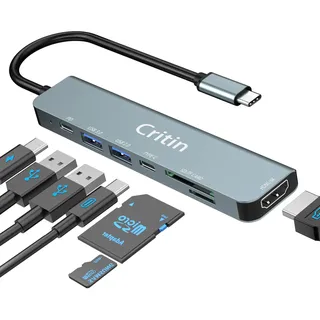 USB-C-Hub,7-in-1 USBC Multi-Port-Adapter mit 4K HDMI,100W PD, USB-C und 2 USB-A-Datenanschlüssen 5Gbit / s,SD- und TF-Kartensteckplätze,für MacBook Pro Air,Oberfläche Pro,iPad Pro,XPS, HP,Lenovo usw.