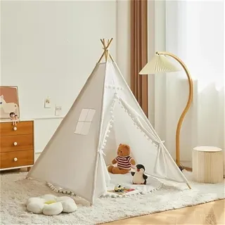 Herfair Tipi Zelt für Kinder, Kinderzelt Indoor mit Filzkugel, Cremefarbene Spielzelt Baumwolle Spielhaus, Kinderzimmer Deko Geschenke, 160×120×120 cm