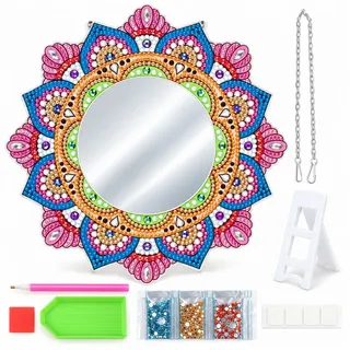 GOLDEN Kreativset Diamond Painting Spiegel Mandala, DIY-Set mit Standfuß und Kette bunt