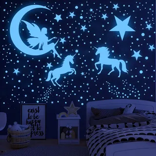 915 Stück Leuchtsterne Kinderzimmer Wandtattoo MäDchen Wandsticker Einhorn Sternenhimmel Leuchtaufkleber Selbstklebend Fluoreszierend Aufkleber Wanddeko füR Kinder Babyzimmer Schlafzimmer Wohnzimmer