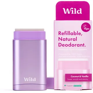 Wild - Natürliches nachfüllbares Deo - Aluminiumsalzfrei - Lang anhaltender Schutz - 100% Inhaltsstoffe - Starterset - Lilafarbener Deobehälter - Coconut & Vanilla Nachfüllpackung