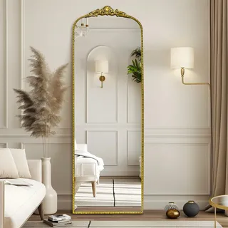 G-LEAF Barock Bogen Ganzkörperspiegel, 56cm x 165cm Vintage Gewölbter Standspiegel, Groß Antiker Wandspiegel zum Stehen, Anlehnen oder Hängen, Bodenspiegel für Schlafzimmer, Wohnzimmer,Vintage Gold