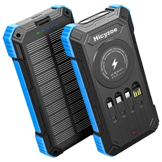 Solar Powerbank, 26800 mAh Tragbares Ladegerät mit 4 Integrierten Kabeln, Solar-Akkuladegerät mit USB-C Schnellladung, Qi-Wireless-Charging mit LED-Taschenlampen für Handys, Tablets und Camping