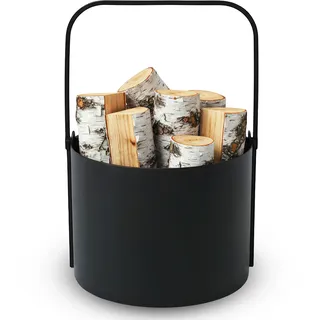 Kapaga - Holzkörbe, Kaminholzkorb aus Metall ⌀ 35 cm, Holzlager innen, Geschweißt - Sofort einsatzbereit, Pulverbeschichtet, Stabiler Holzständer, Feuerholzkorb, Faltbarer Korb mit Griff﻿ - Schwarz