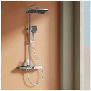 EMKE Emke, Duschsystem mit Thermostat Handbrause + Regendusche(3 Strahlstärken) + Unterer Auslass, Chrom