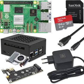 Raspberry Pi 5 16GB PCIe M.2 NVMe - Kit | Metallgehäuse | Active Cooler | M.2 NVMe SSD PCIe Board | USB-C 45W Netzteil | 4K Micro HDMI Kabel | Ideal für Home Assistant