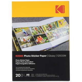 KODAK Photo Sticker Paper Fotopapier, selbstklebend, Format 21 x 29,7 cm (A6), glänzend, 120 g/m;, kompatibel mit Tintenstrahldruckern, Weiß, 20 Blatt