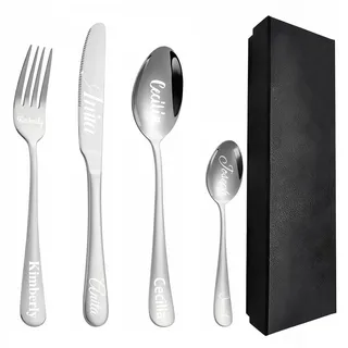 Kundenspezifisches graviertes Besteck-Set, 1 Set von 4 Stück, personalisiertes Besteck für Erwachsene, Gabel, Messer, Löffel und Teelöffel graviertes Edelstahl-Besteck-Set (Silber)