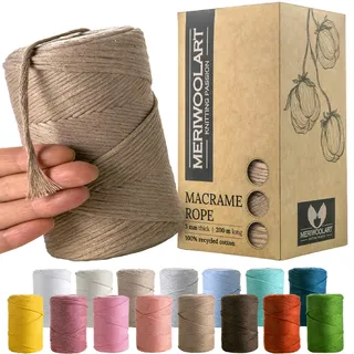 MeriWoolArt® Makramee Garn Beige - Makramee Garn 3mm farbig 200m - Super weiches Garn, einfach gedrehte Makramee Schnur - Öko-Tex 100% recyceltes Baumwollgarn farbig - DIY Boho Deko Makramee