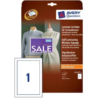 Avery Zweckform L7117-5 Laminier-Schilder, 170 x 257 mm, unbeschichtet, selbstklebend, 5 Stück, weiß