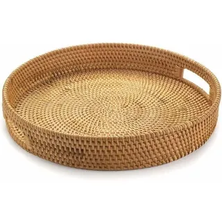 Rundes Rattan-Serviertablett, Korbgeflecht-Serviertablett mit ausgeschnittenen Griffen, geflochtener Obst-/Brot-Servierkorb, 30 cm