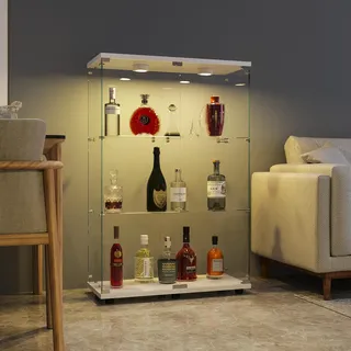 FANYUSHOW Glasvitrine Standvitrine in Weiß - Vitrinenschrank mit Glastür, 5 mm Gehärtetes Glas Sammlervitrine - Glasvitrine Regal Glas Schrank mit Licht 125 x 79 x 36.5 cm